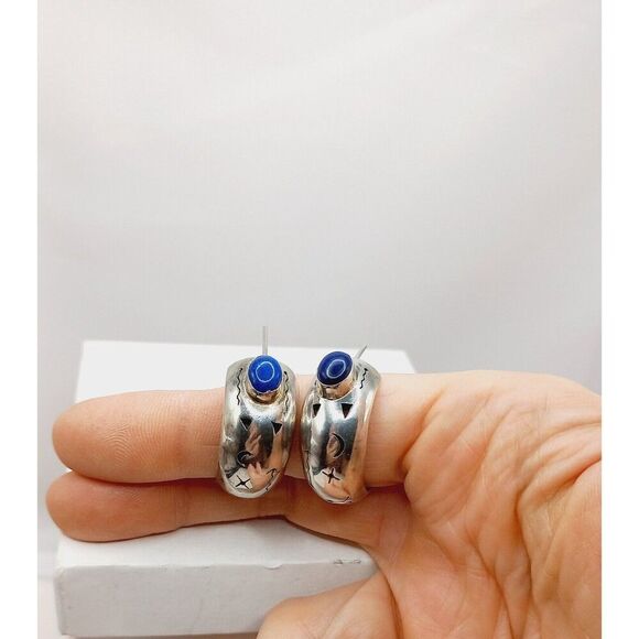 Vintage Sterling Silver Lapis Statement Earrings w Symbols Tribal Southwestern - Picture 2 of 13